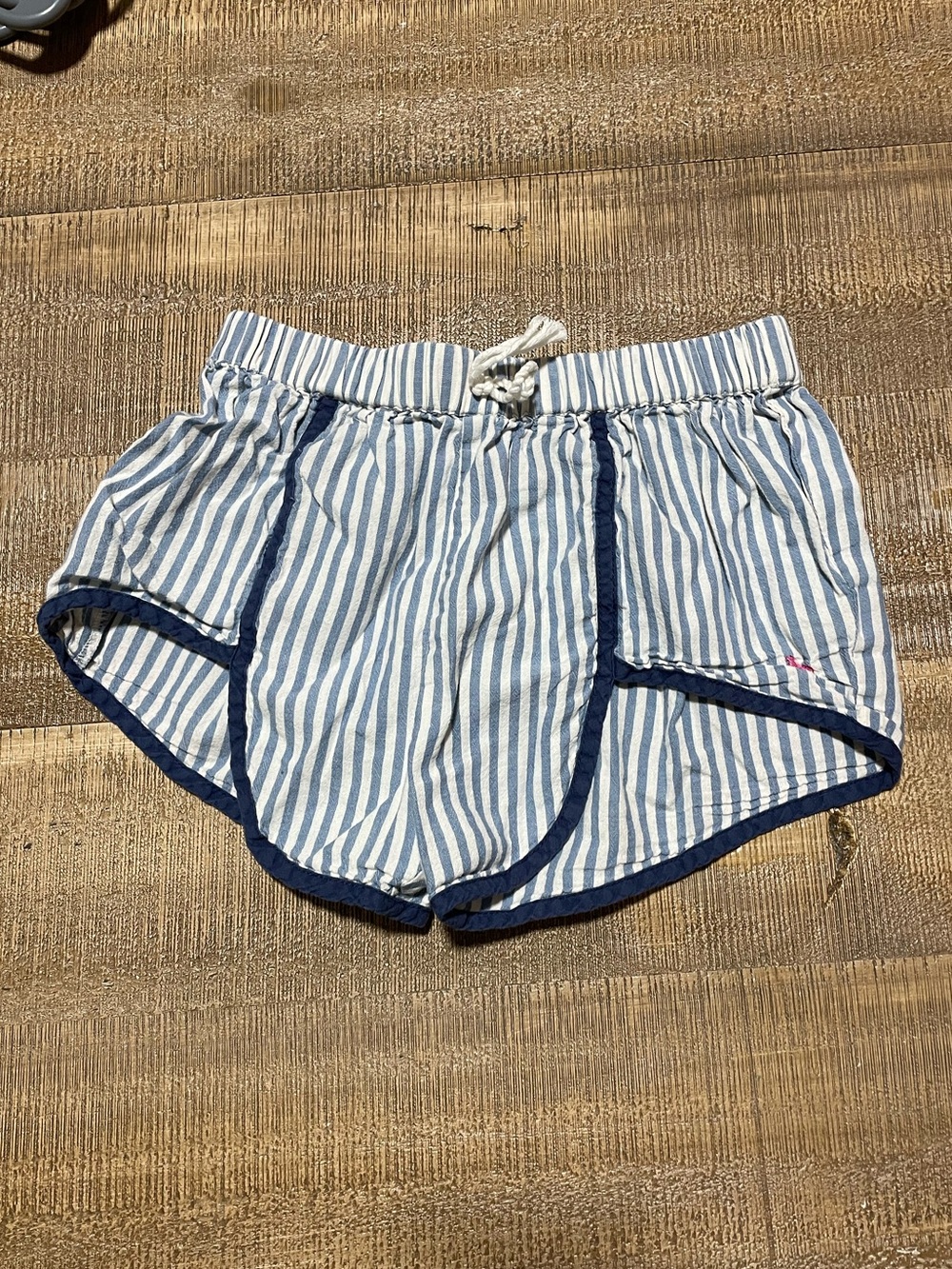 Striped Blue & White Girls' Shorts with Navy Trim and Drawstring